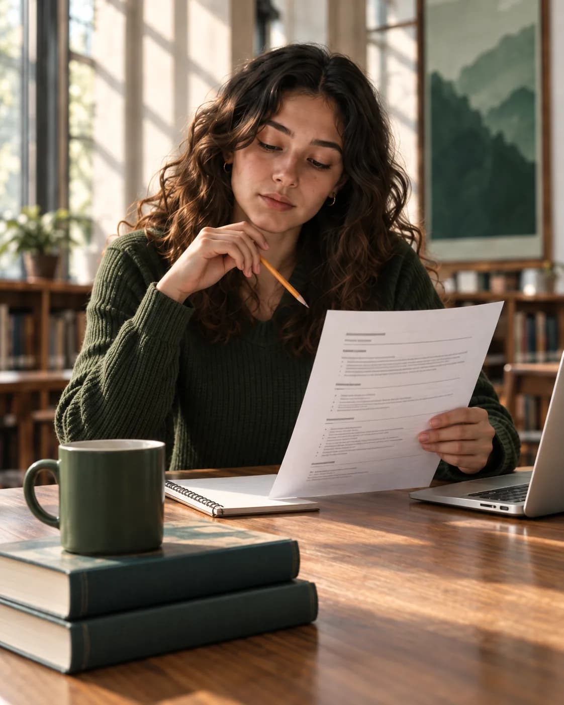 A student at a desk reviewing a printed resume