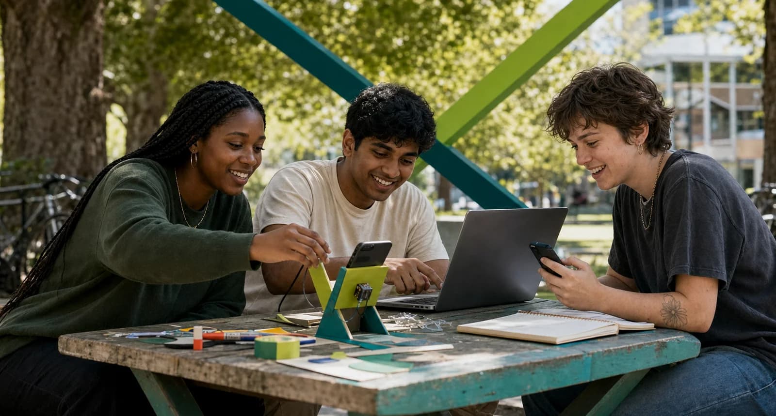 Three students working together on a laptop and a small electronics project